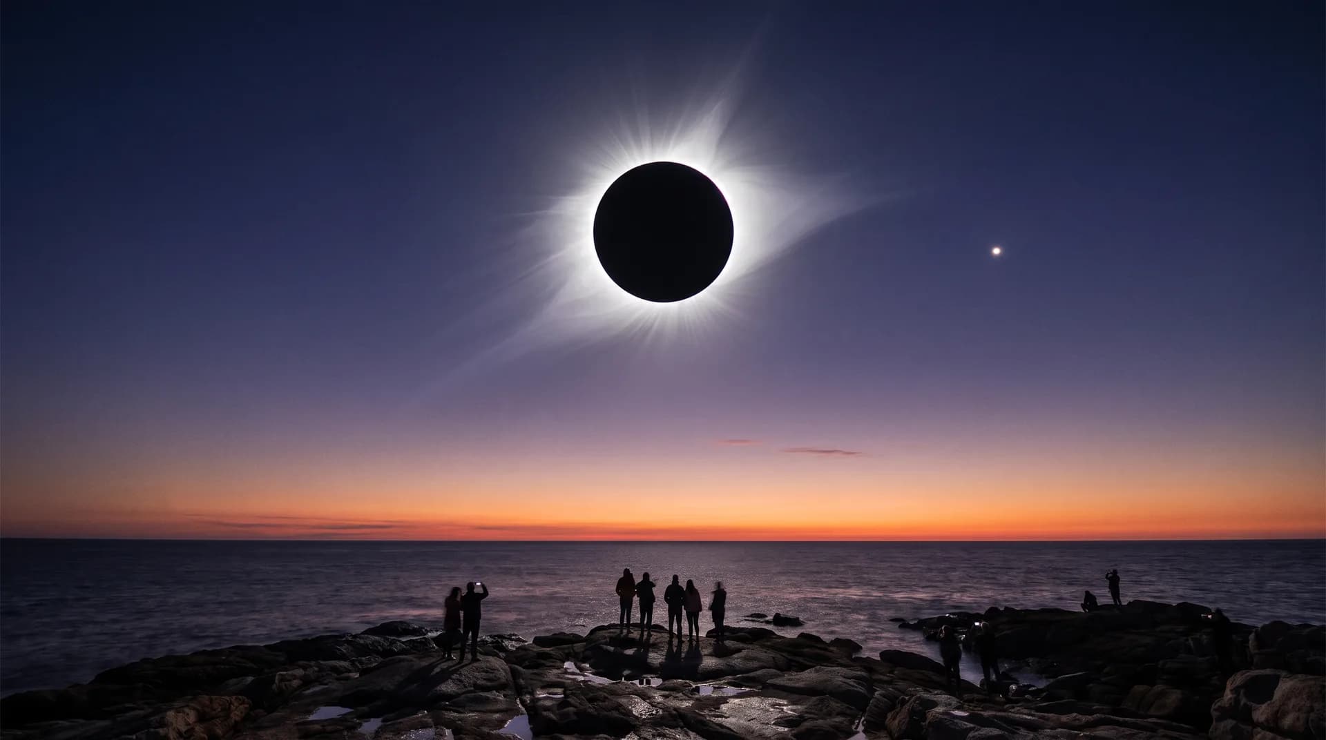 Eclipse solar total sobre la costa atlántica, con la corona solar visible y el horizonte iluminado en tonos ámbar